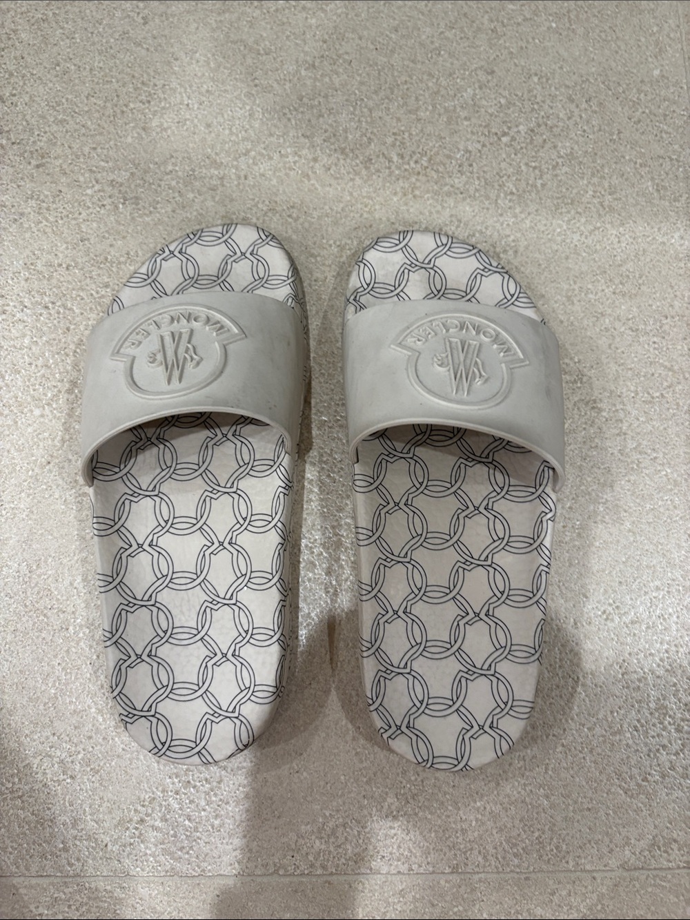 Moncler Light Gray Embossed Logo Slide Sandals - Picture 1 of 5